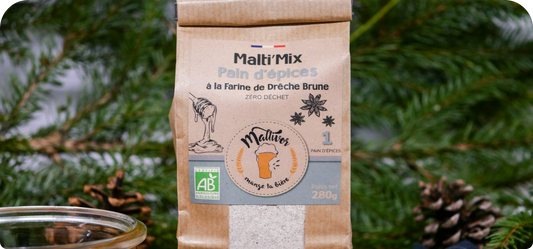 malti'mix pain d'épices maltivor à la farine de dreche pris en photo a côté de morceaux de pain d'épices, d'un pot en verre rempli de miel, de cannelle, d'un torchon à carreaux foncé et de végétation de type forêt